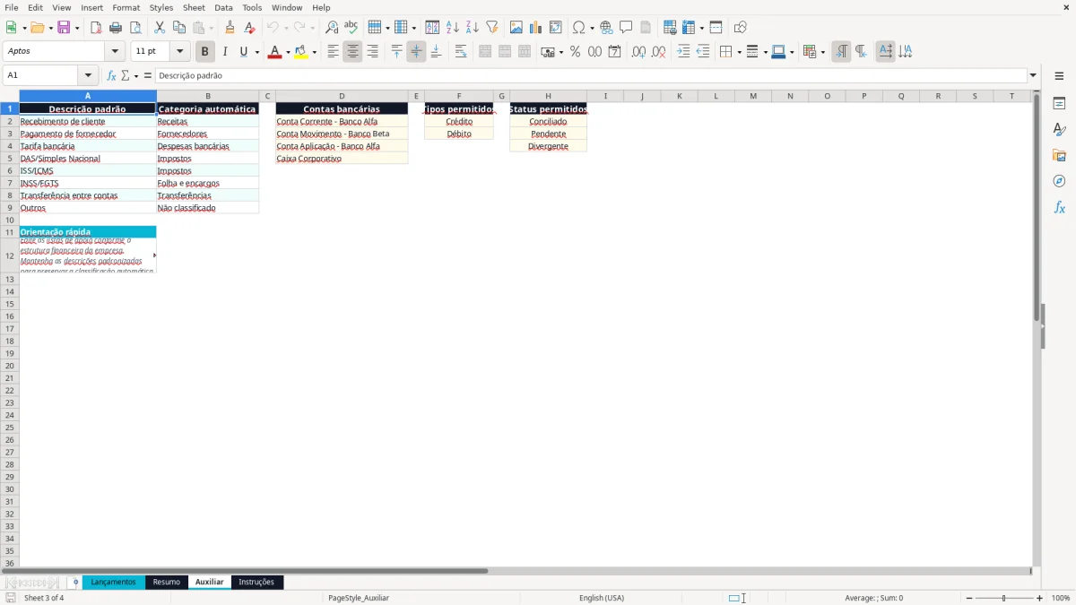 Captura 3: aba Auxiliar - Planilha Excel conciliacao bancaria