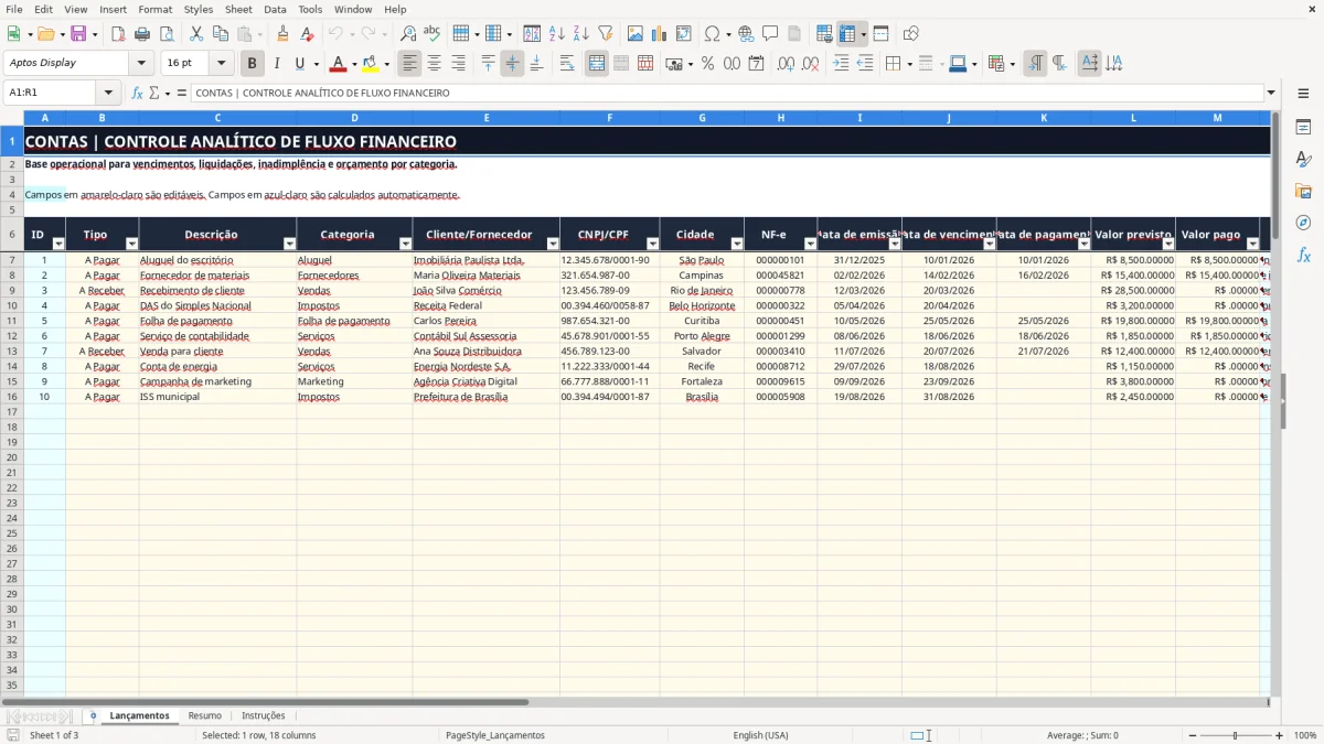 Captura 1: aba Lançamentos - Planilha Excel contas