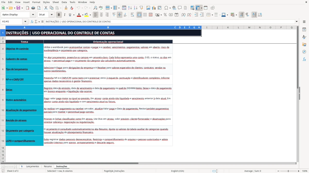 Captura 3: aba Instruções - Planilha Excel contas