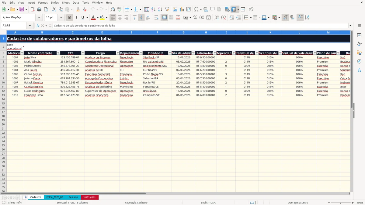 Captura 1: aba Cadastro - Planilha Excel contra cheque