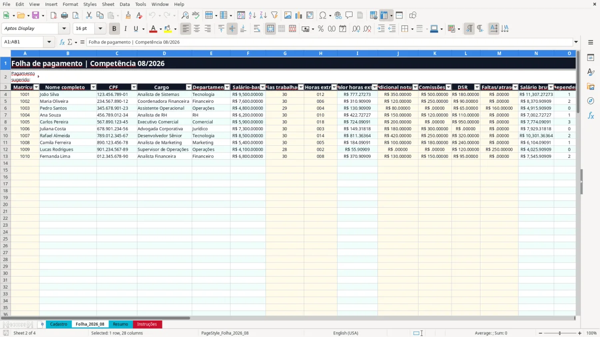 Captura 2: aba Folha_2026_08 - Planilha Excel contra cheque