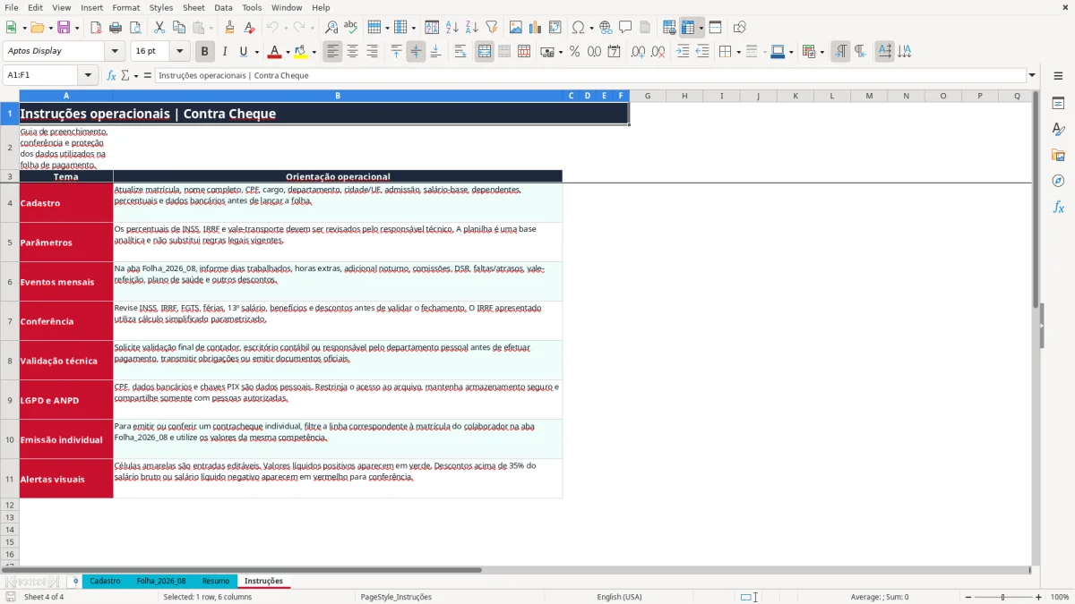 Captura 4: aba Instruções - Planilha Excel contra cheque