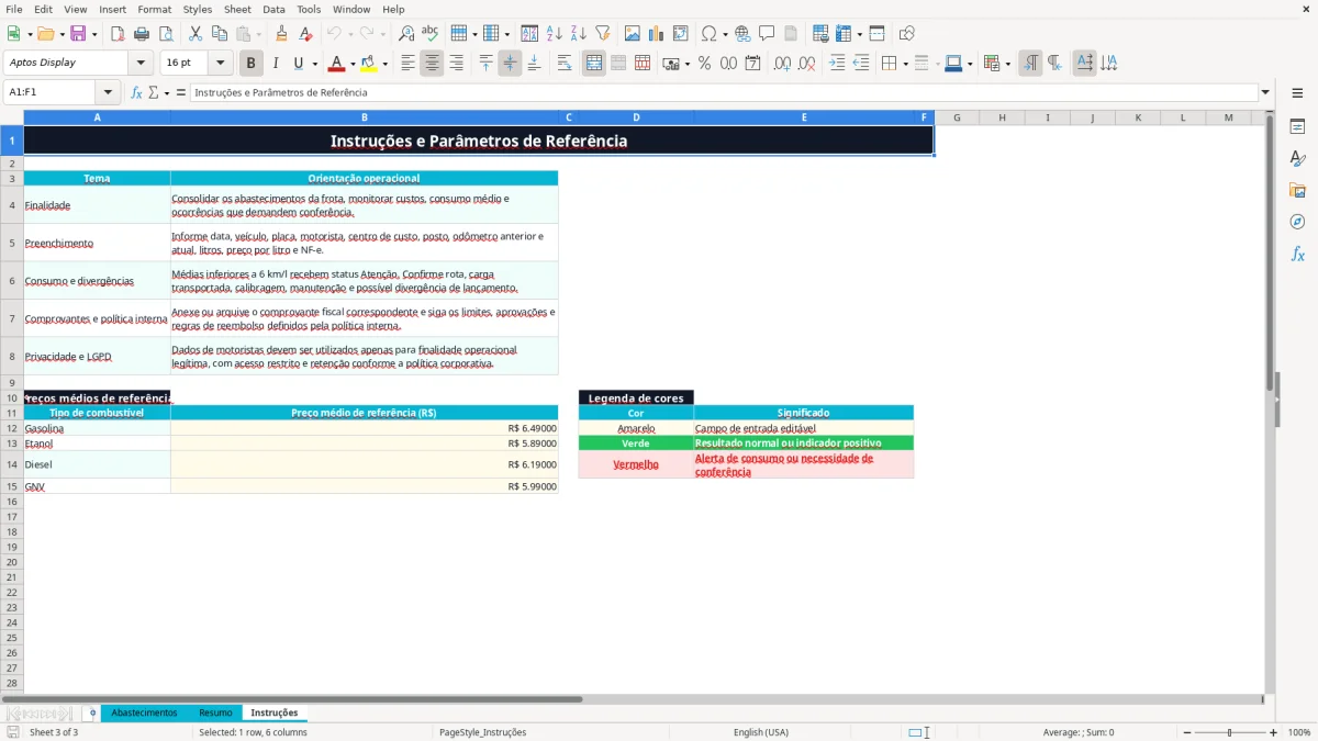 Captura 2: aba Resumo - Planilha Excel controle de combustivel