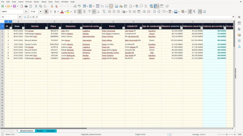 Instruções – Controle de combustível Excel – Planilha Grátis (2026)