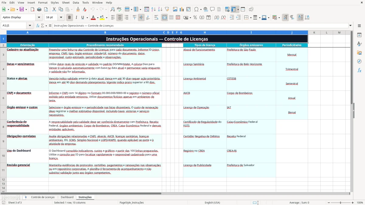 Captura 3: aba Instruções - Planilha Excel controle de licencas