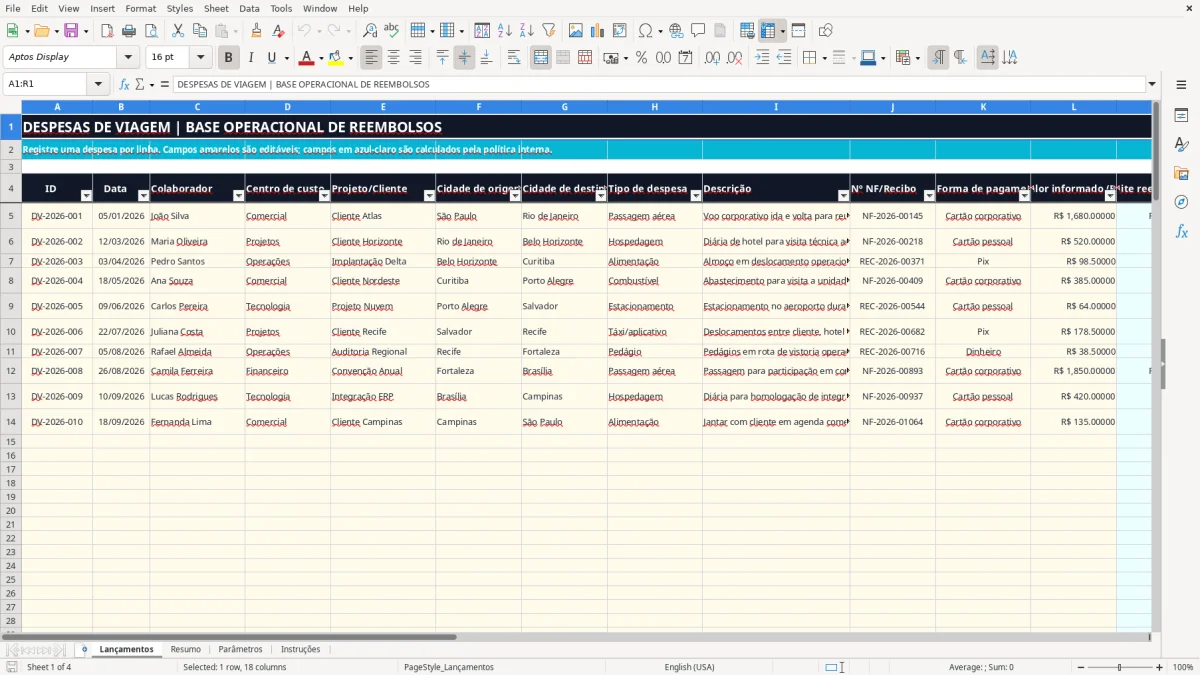 Captura 1: aba Lançamentos - Planilha Excel despesas de viagem