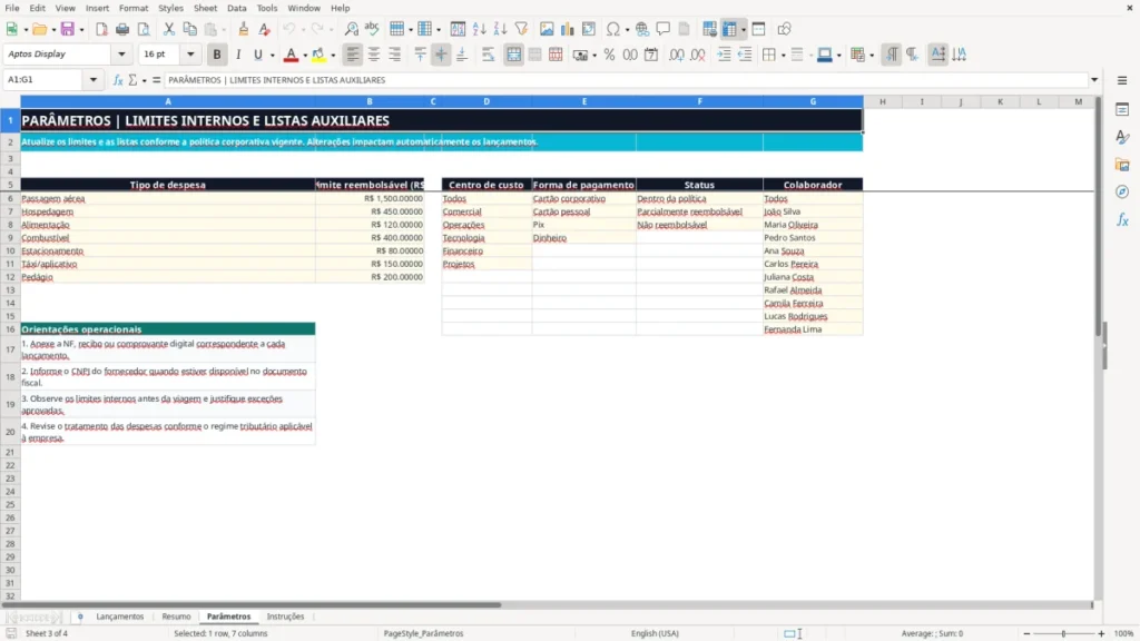 Parâmetros – Despesas de viagem Excel – Planilha Grátis (2026)