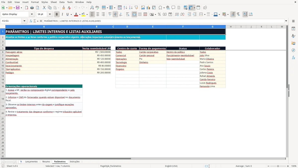 Captura 3: aba Parâmetros - Planilha Excel despesas de viagem