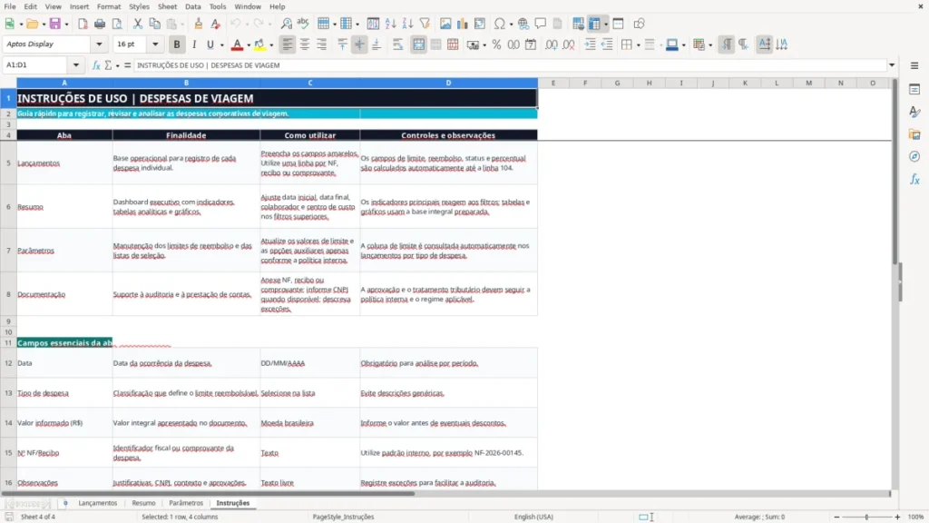 Instruções – Despesas de viagem Excel – Planilha Grátis (2026)