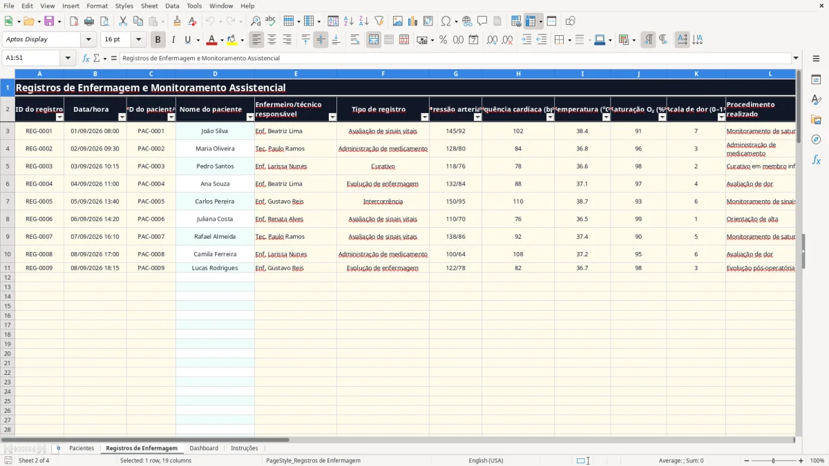 Captura 2: aba Registros de Enfermagem - Planilha Excel enfermagem