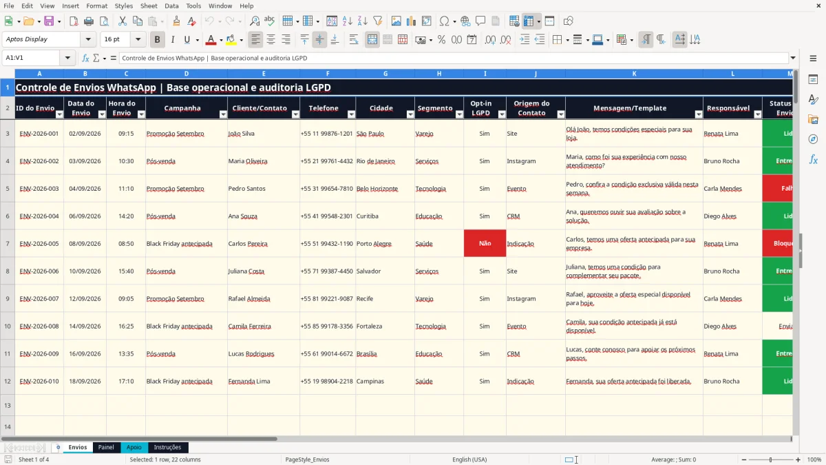 Captura 1: aba Envios - Planilha Excel envio de mensagens whatsapp