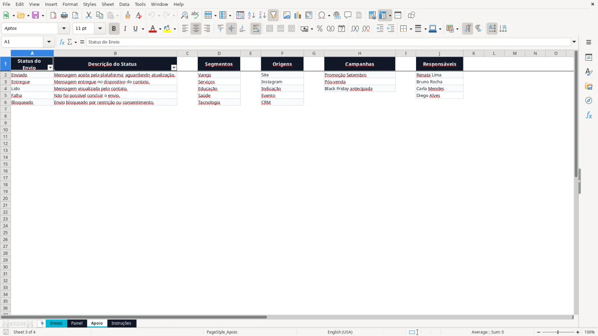 Captura 3: aba Apoio - Planilha Excel envio de mensagens whatsapp