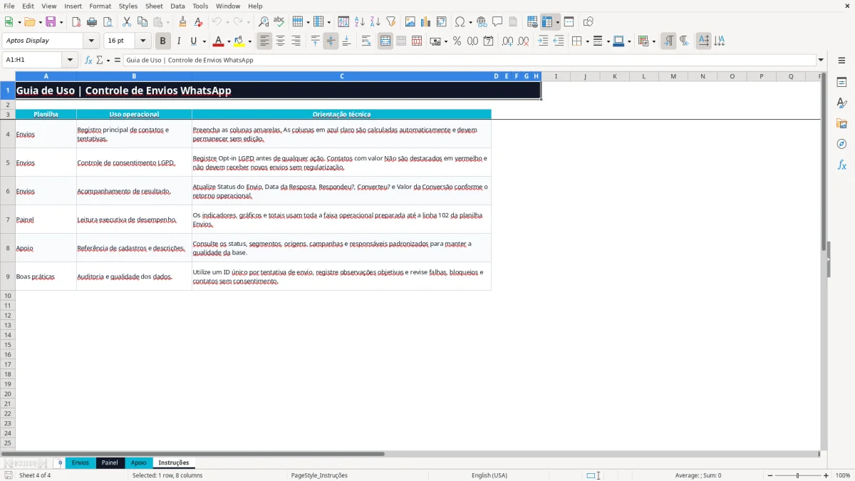 Captura 4: aba Instruções - Planilha Excel envio de mensagens whatsapp