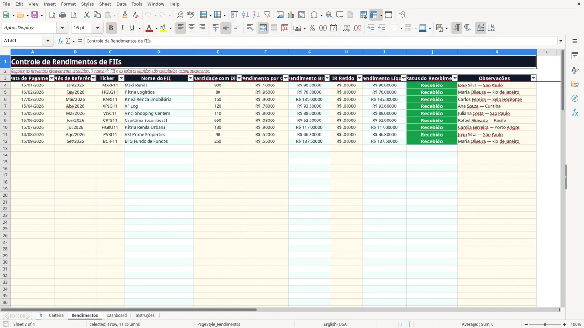 Captura 2: aba Rendimentos - Planilha Excel fiis