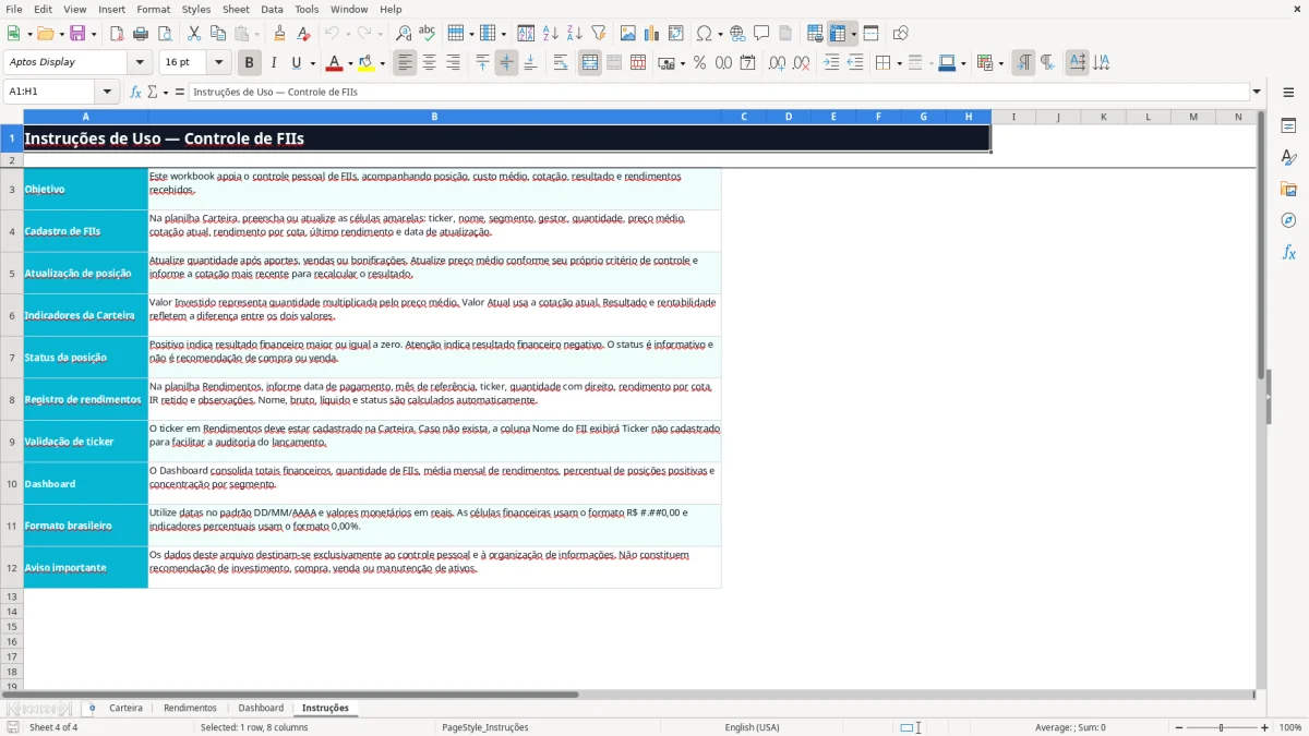 Captura 4: aba Instruções - Planilha Excel fiis