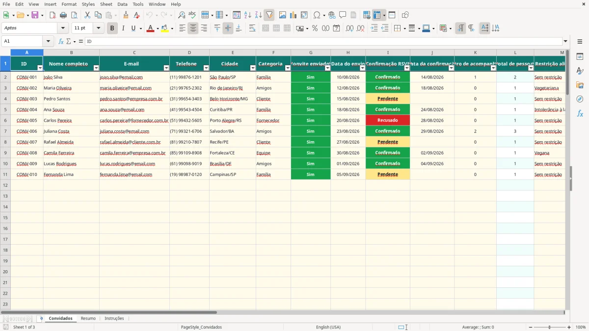 Captura 1: aba Convidados - Planilha Excel lista de convidados