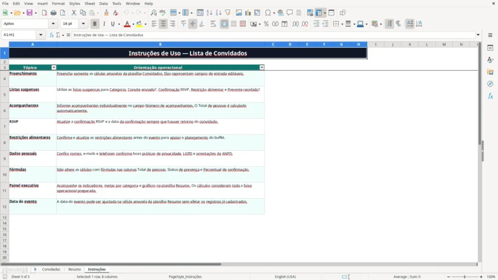 Instruções – Lista de convidados Excel – Planilha grátis (2026)