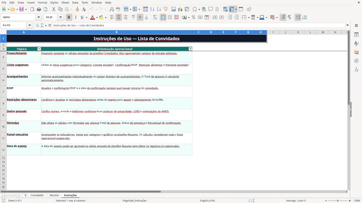 Captura 3: aba Instruções - Planilha Excel lista de convidados