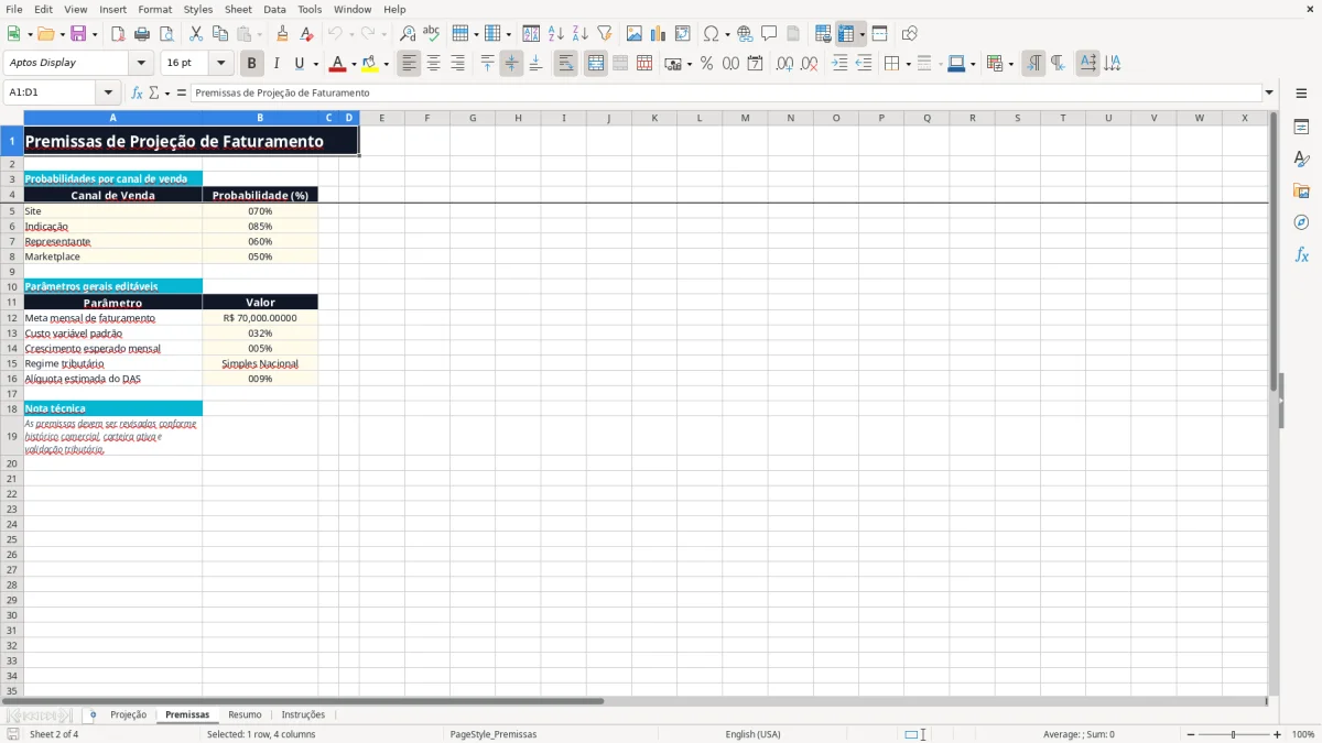 Captura 2: aba Premissas - Planilha Excel projecao de faturamento