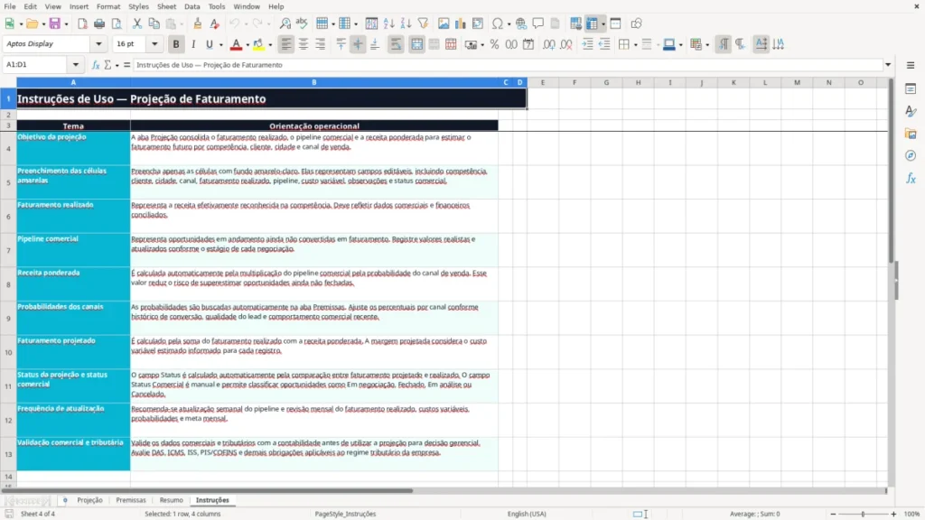 Instruções – Projeção de faturamento Excel – Planilha grátis (2026)