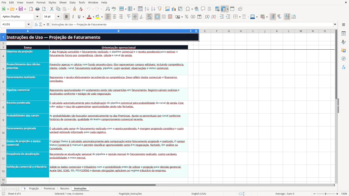 Captura 4: aba Instruções - Planilha Excel projecao de faturamento