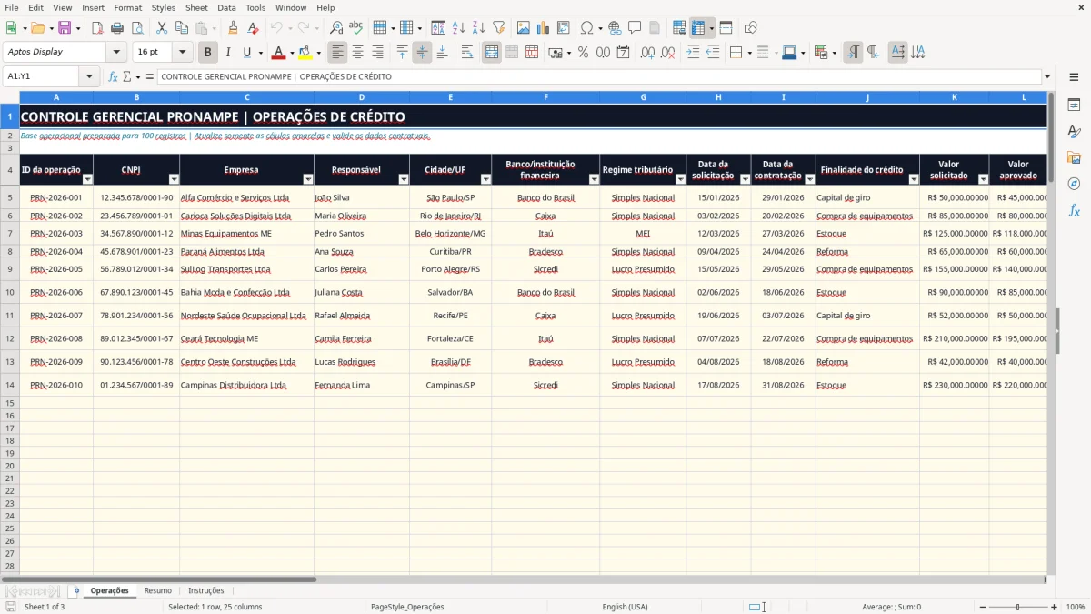 Captura 1: aba Operações - Planilha Excel pronampe