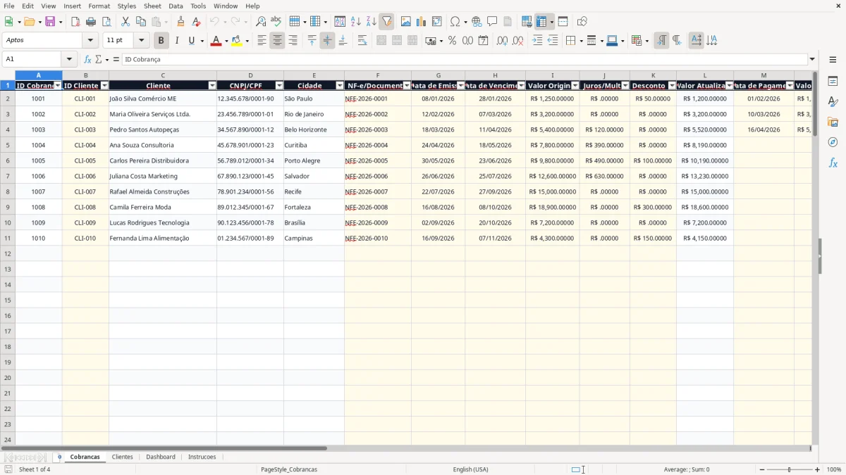 Captura 1: aba Cobrancas - Planilha Excel controle de cobranca
