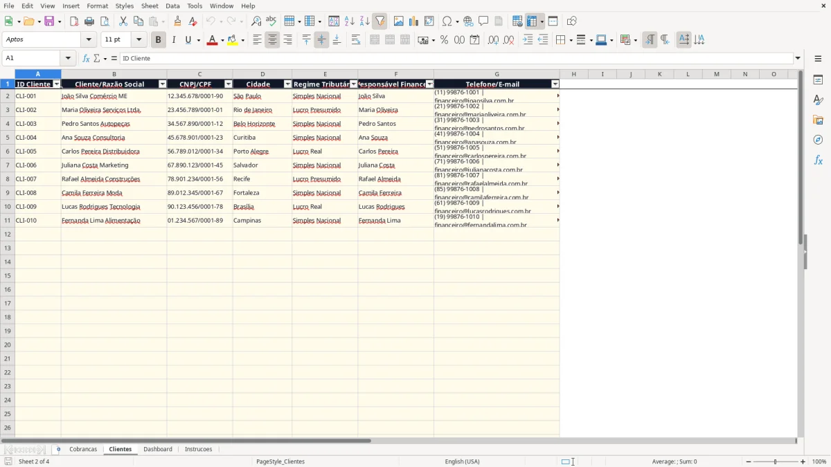 Captura 2: aba Clientes - Planilha Excel controle de cobranca